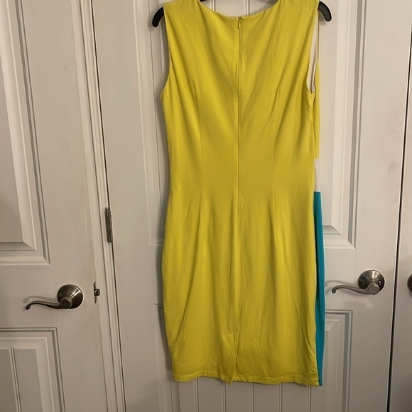 Women’s sleeveless dress midi length EMAGE size 14 colorblock yellow white blue - Picture 4 of 10